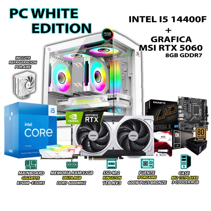 INTEL - Computadora PC Gamer Intel Core i5 14400F RAM 32GB SSD 1TB RTX 5060 8GB