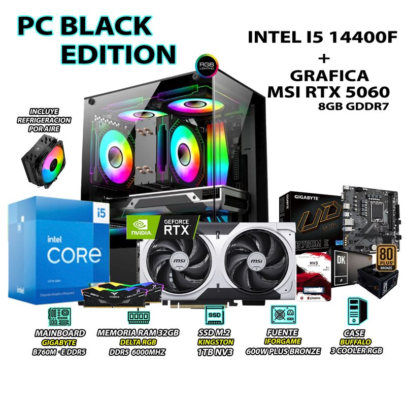 INTEL - Computadora PC Gamer Intel Core i5 14400F RAM 32GB SSD 1TB RTX 5060 8GB