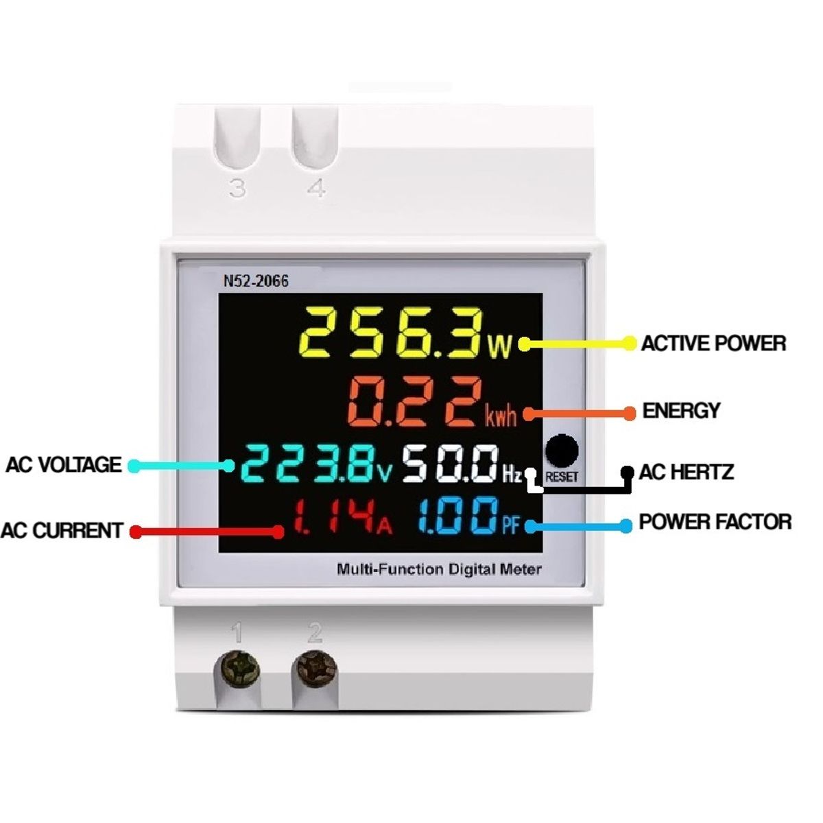GENERICO - MEDIDOR DIGITAL RIEL DIN DE 6 PARAMETROS (COS, V, A, W, KWH, HZ)