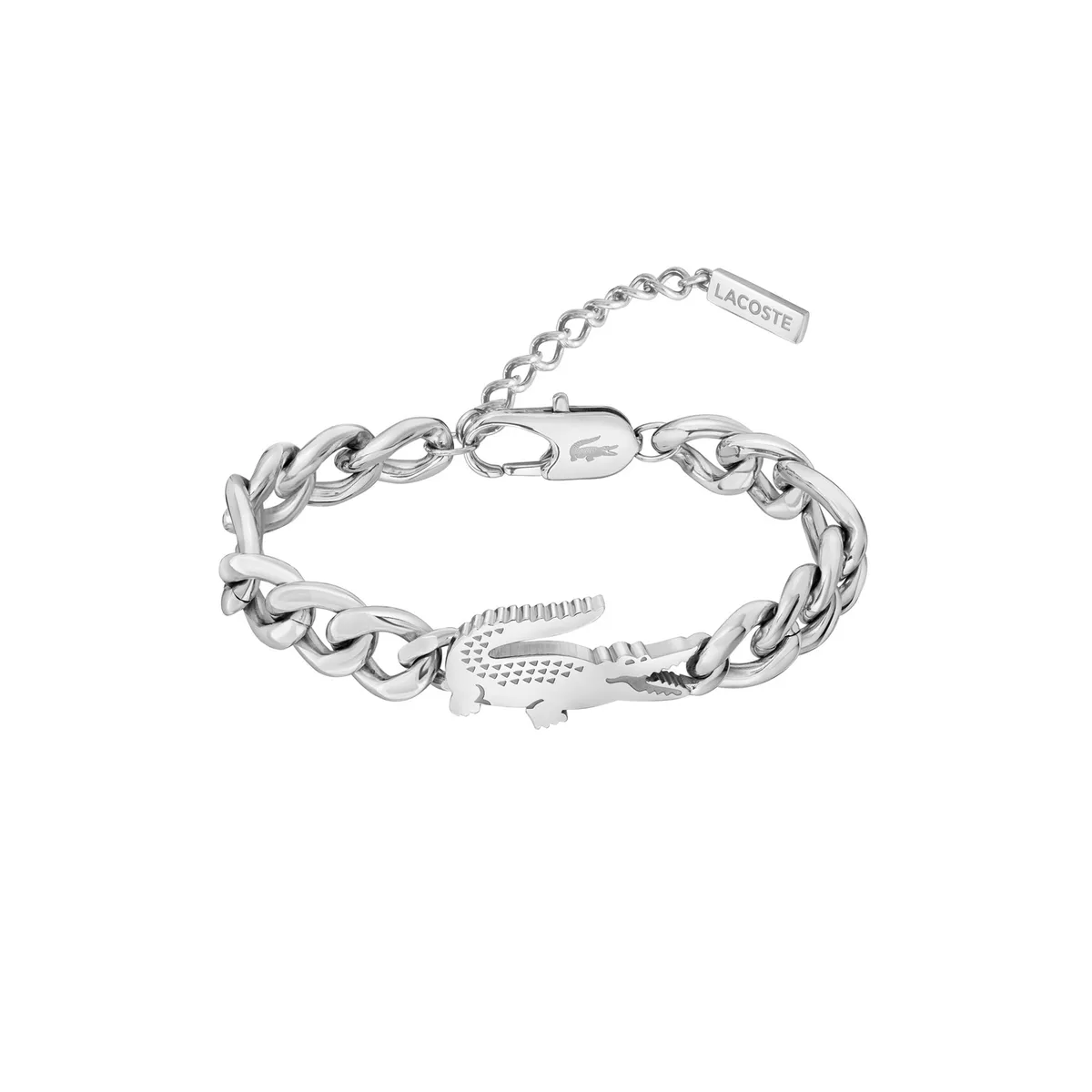 LACOSTE - Pulsera de acero inoxidable plateada en forma de cocodrilo