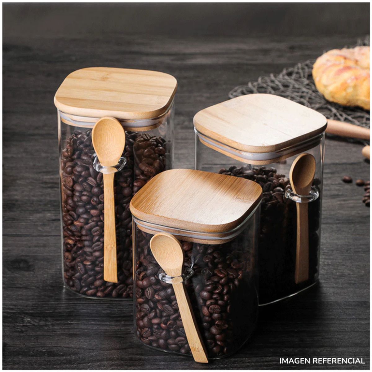 INSPIRA MARKET - Set x3 Frascos de almacenamiento con tapa y cucharita estilo Bambú