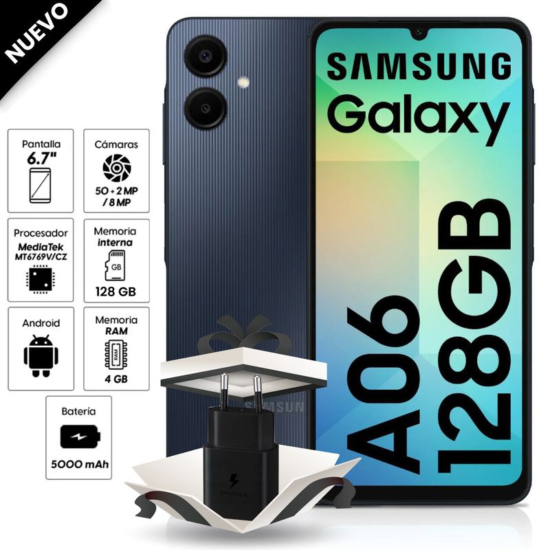SAMSUNG - Celular Samsung Galaxy A06 128GB, 4GB ram, cámara 50MP + 2 MP frontal 8MP 6.7" negro + Cargador 15W