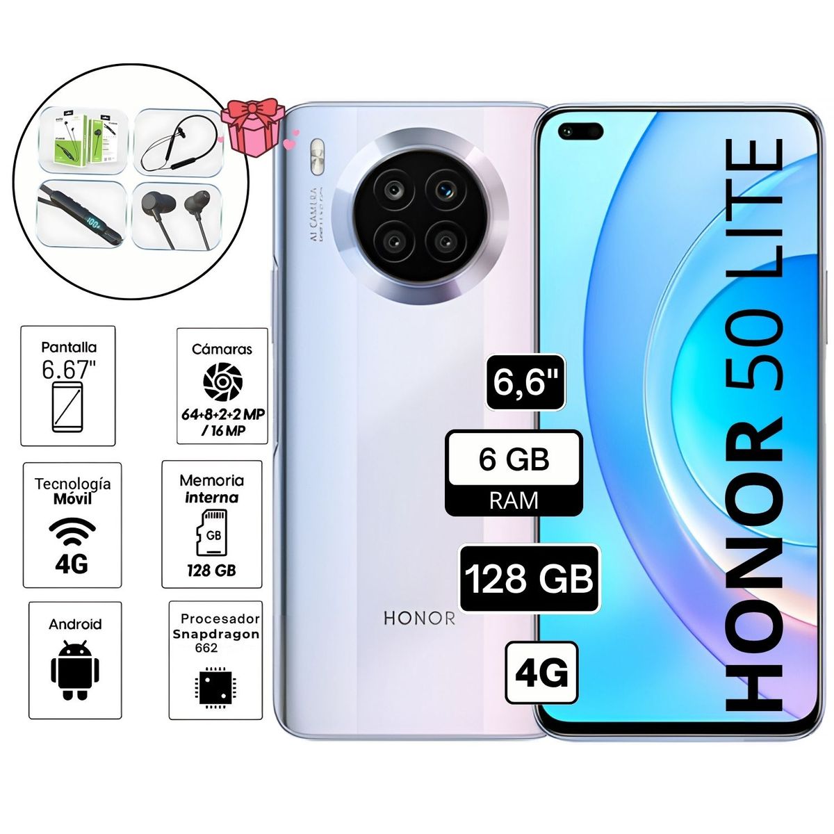 HONOR - Celular honor 50 LITE 6GB RAM 128GB Cámara Principal de 64MP 6.67" plata sideral
