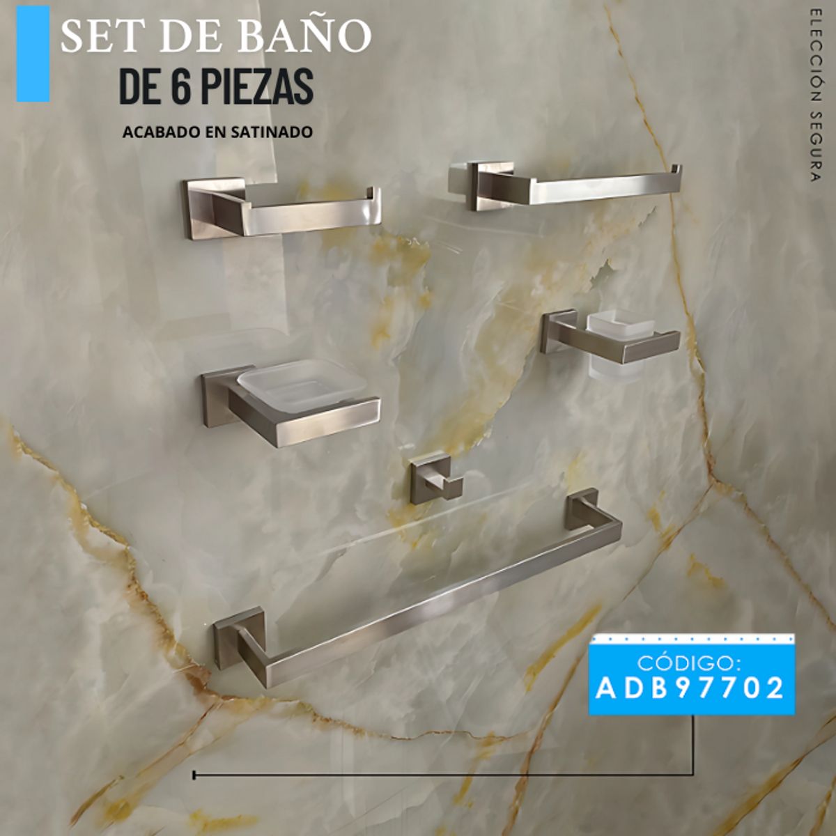 XM - SETS DE BAÑO DE 6 PIEZAS SATINADO CUADRADO 97702