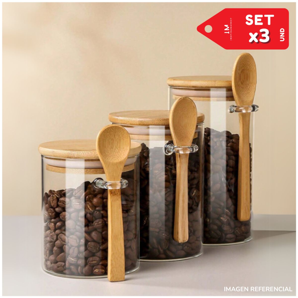 INSPIRA - Set x3 Frascos de almacenamiento con tapa y cucharita estilo Bambú