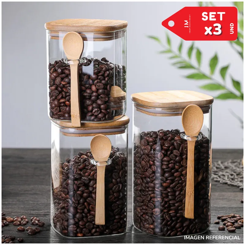 INSPIRA - Set x3 Frascos de almacenamiento con tapa y cucharita estilo Bambú