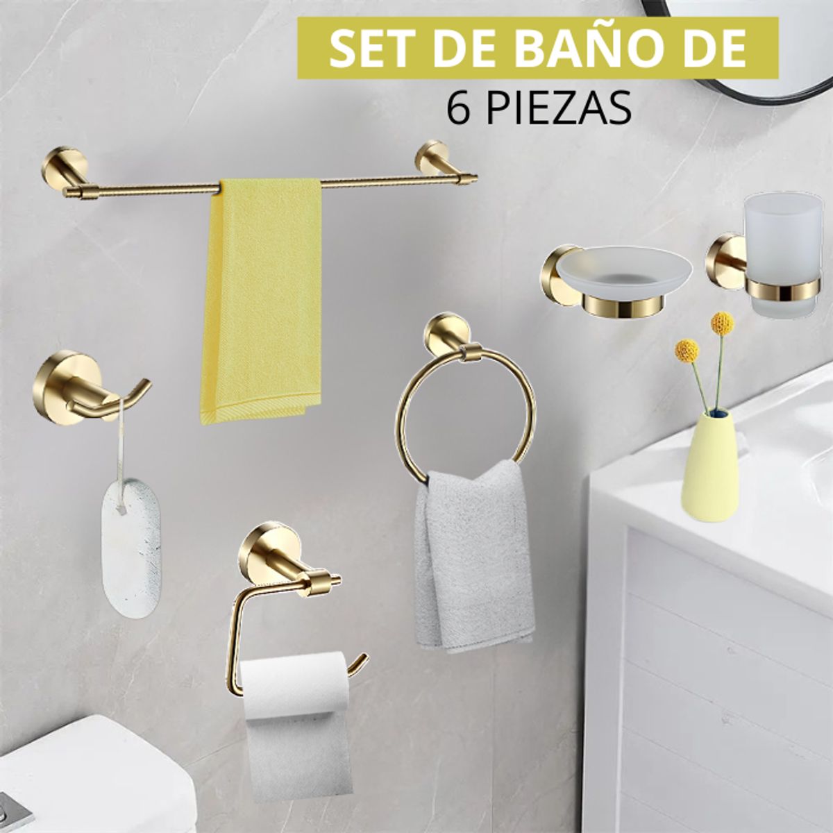 XM - SETS DE BAÑO DE 6 PIEZAS DORADO REDONDO 72207