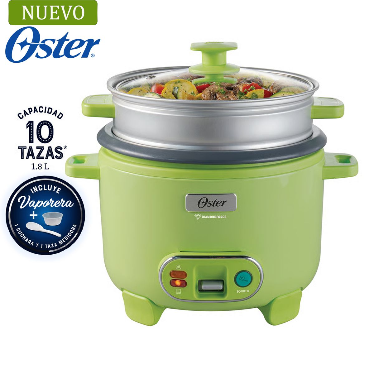 OSTER - Olla Arrocera Oster 1.8L 3 en 1 Función de Sofrito Vaporera Verde