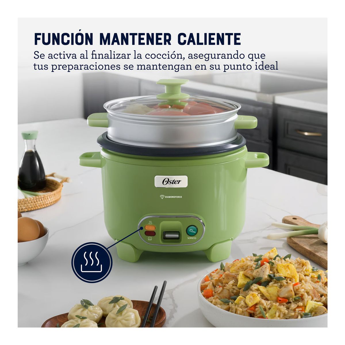 OSTER - Olla Arrocera Oster 1.8L 3 en 1 Función de Sofrito Vaporera Verde