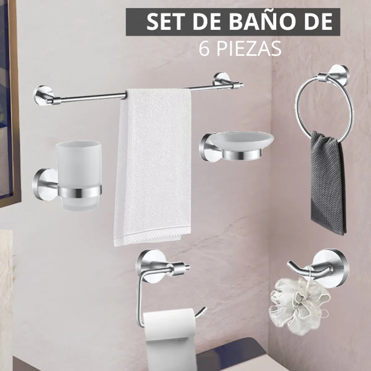 XM - SETS DE BAÑO DE 6 PIEZAS SATINADO REDONDO 72200