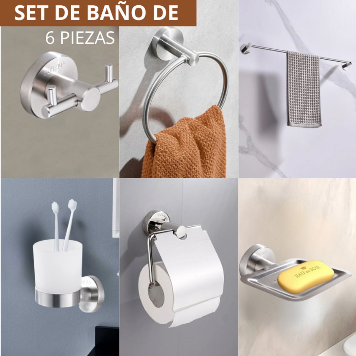 XM - SETS DE BAÑO DE 6 PIEZAS SATINADO REDONDO 71100