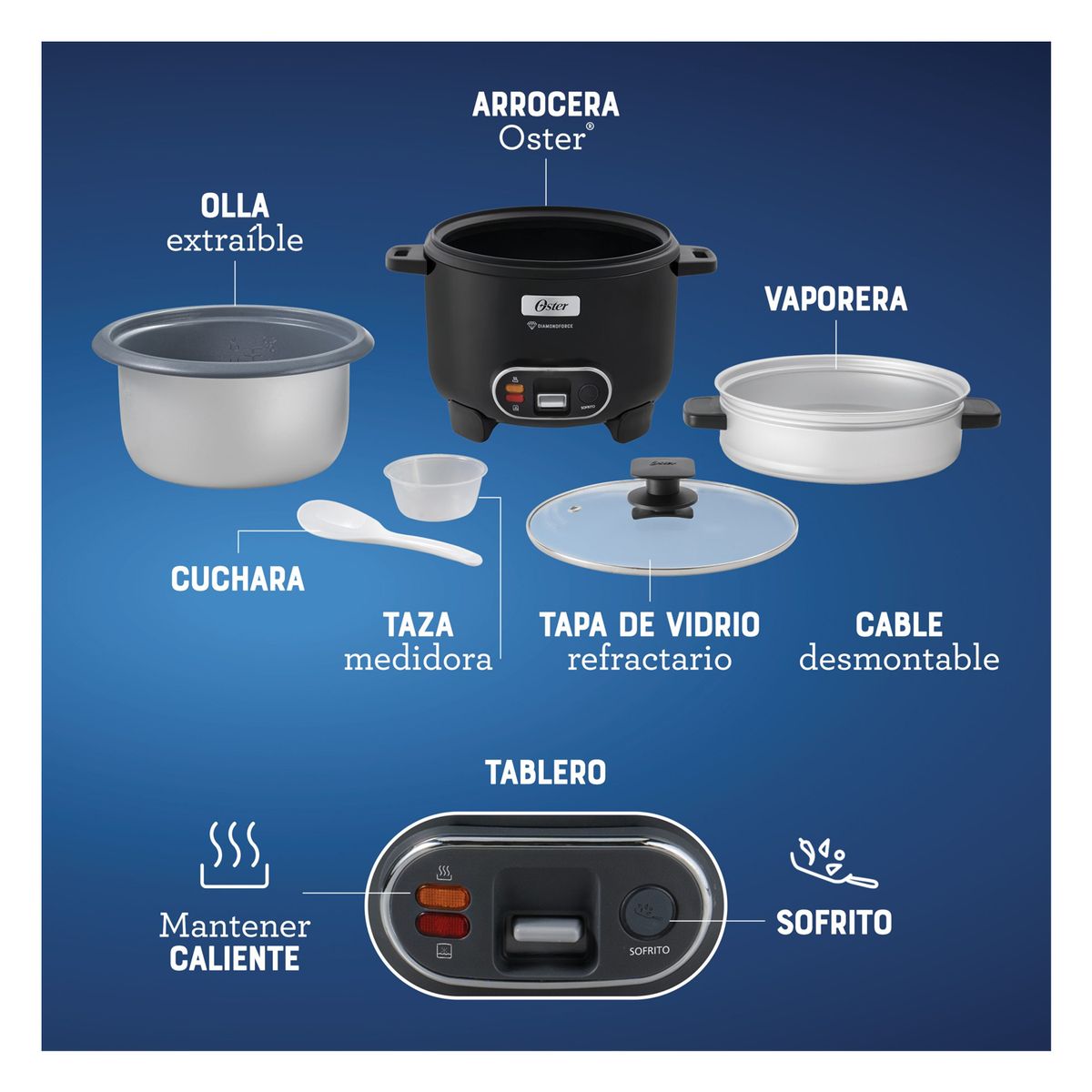 OSTER - Olla Arrocera Oster 1.8L 3 en 1 Función de Sofrito Vaporera Negro