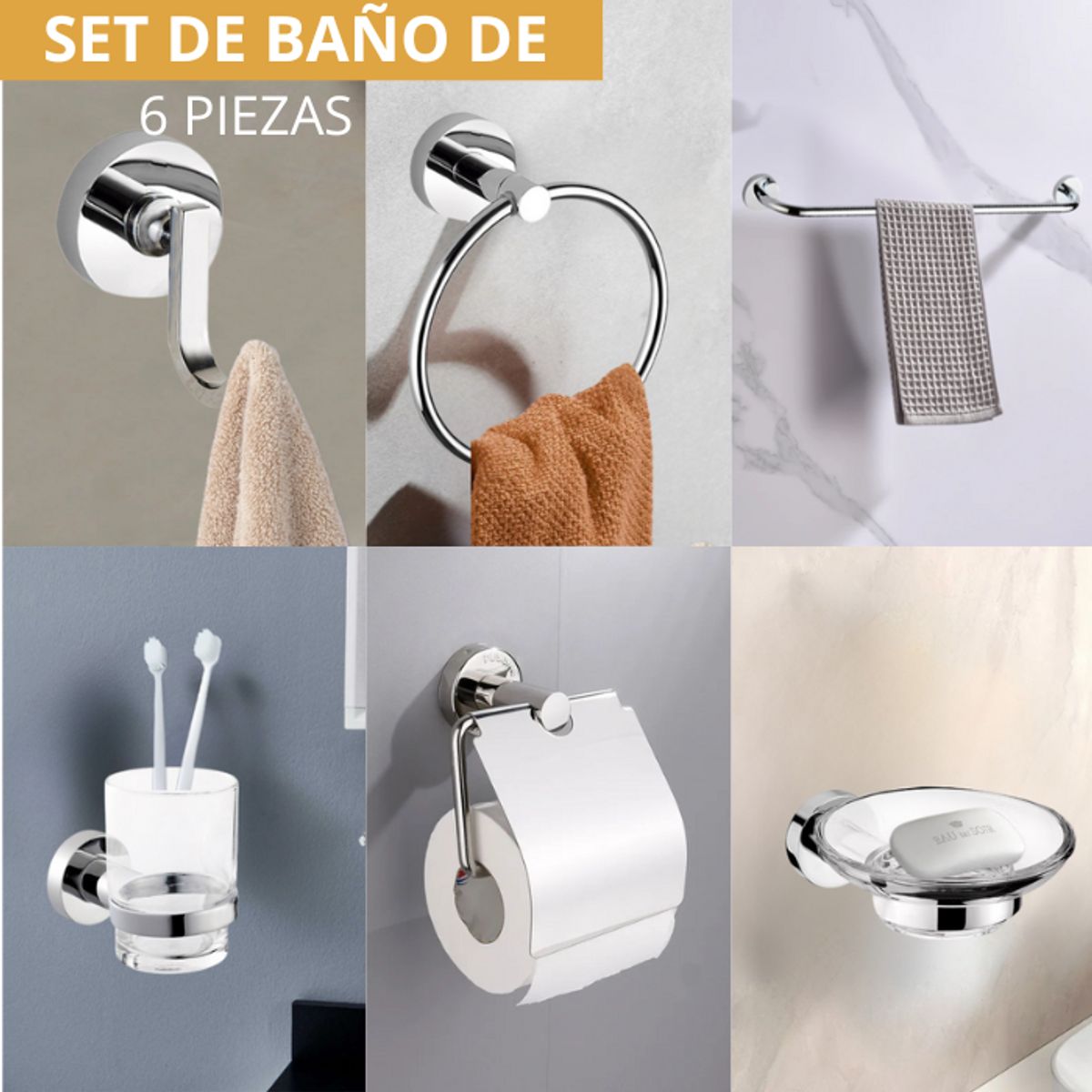 XM - SETS DE BAÑO DE 6 PIEZAS CROMADO REDONDO 61200