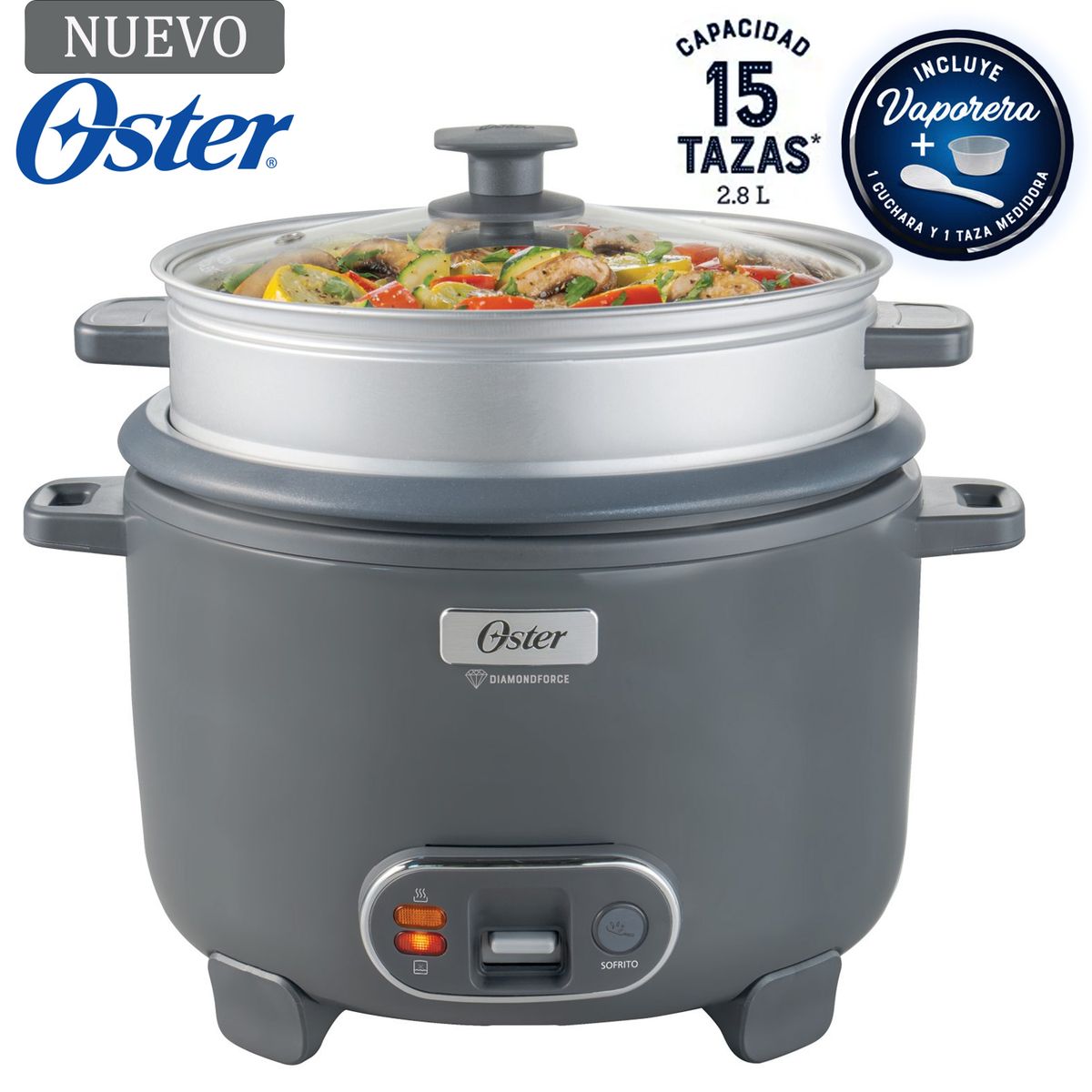 OSTER - Olla Arrocera Oster 15 Tazas 3 en 1 Función de Sofrito Vaporera Gris