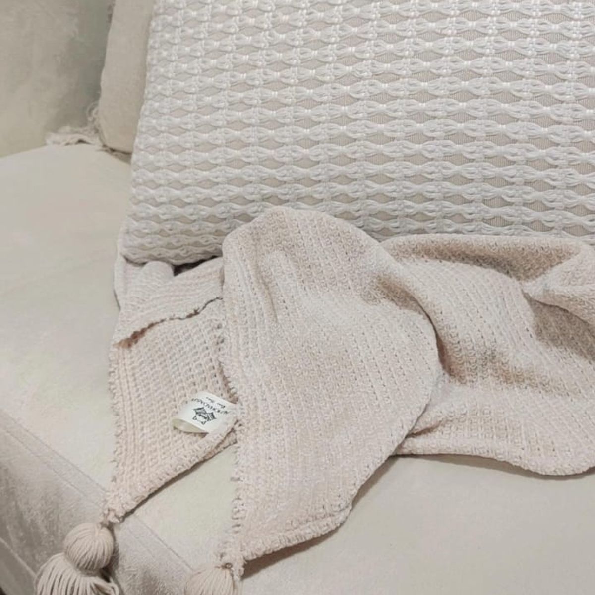 GENERICO - Manta - Pie de cama 200x120 en Tejido Waffle + borlas - Beige