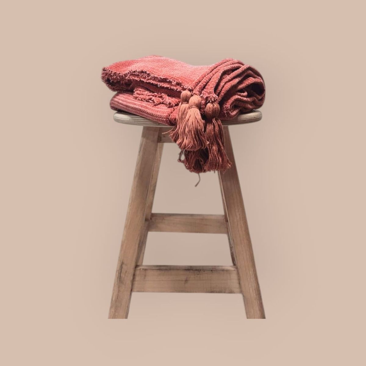 GENERICO - Manta - Pie de Cama 200x120 en Tejido Waffle con Borlas - Color Ladrillo