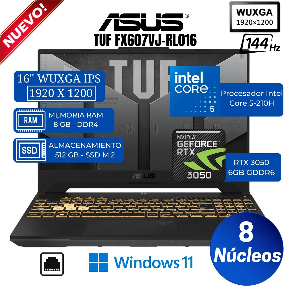 ASUS - Laptop Asus TUF F16 FX607VJ-RL016 16" WUXGA, Core 5-210H, Ram 8GB, Ssd 512GB, RTX 3050 6GB, Win 11