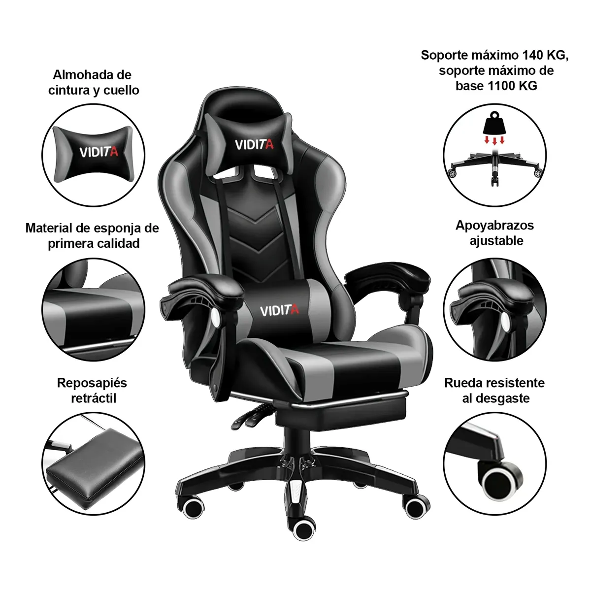 VIDITA - Silla Gamer GX2000 Reclinable Profesional con Reposapiés-Gris