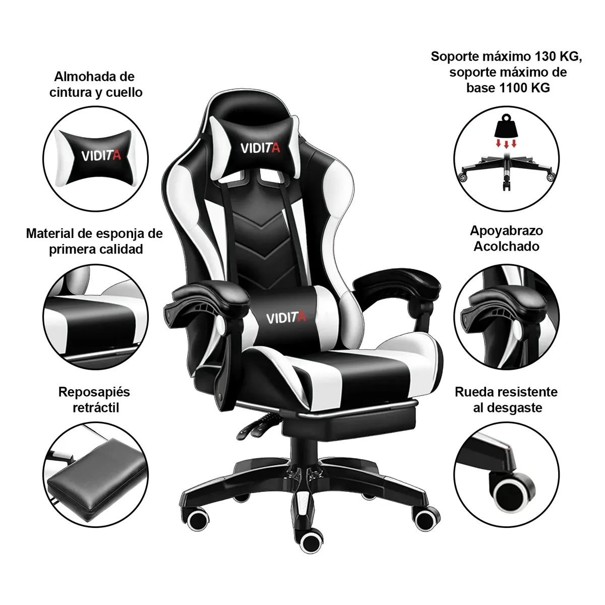 VIDITA - Silla Gamer GX2000 Reclinable Profesional con Reposapiés-Blanco