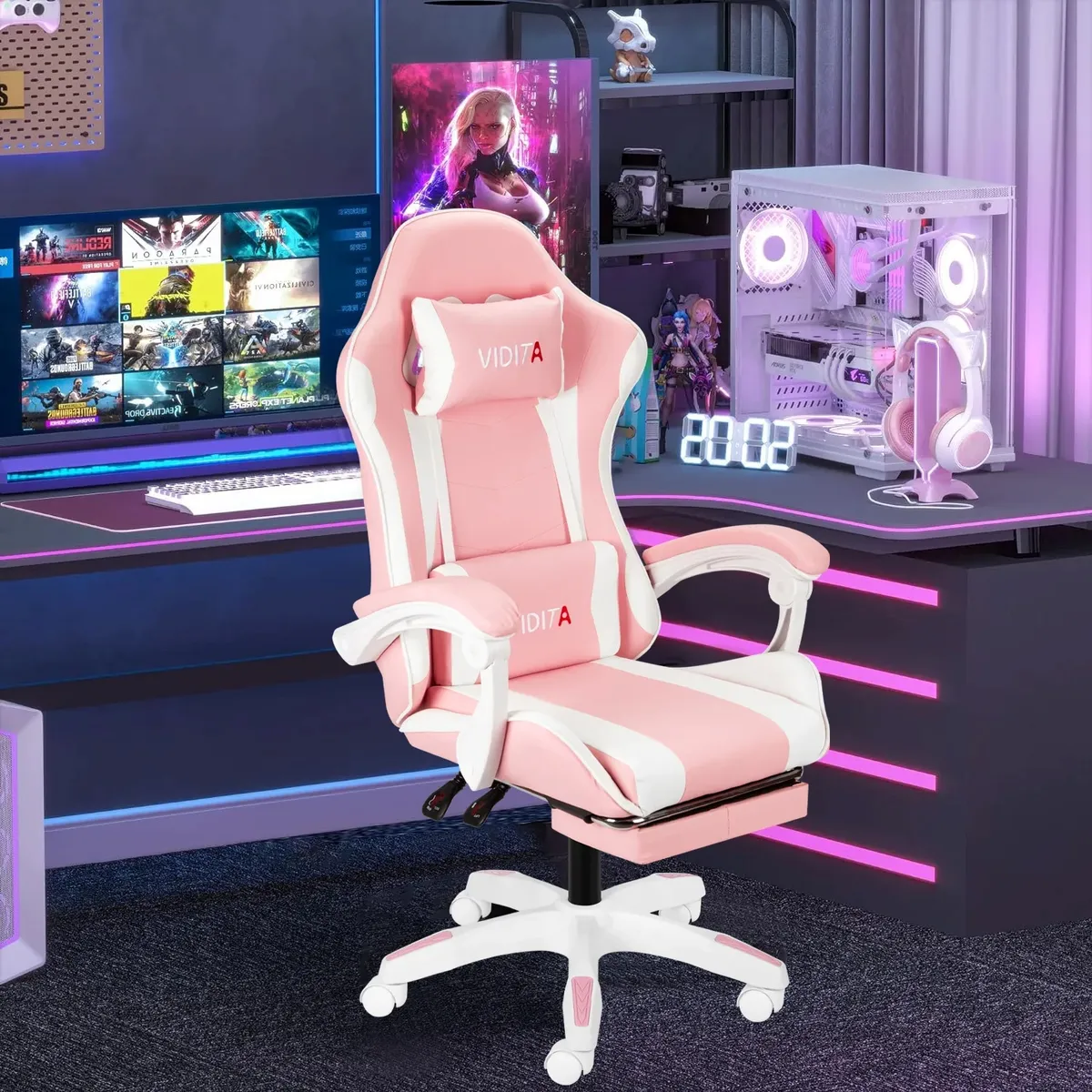 VIDITA - Silla Gamer GX2000 Reclinable Profesional con Reposapiés-Rosado
