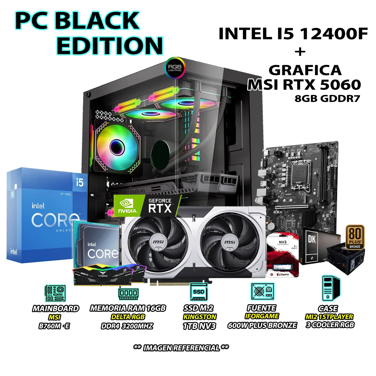 INTEL - Computadora PC Gamer Intel Core i5 12400F RAM 16GB SSD 1TB RTX 5060 8GB