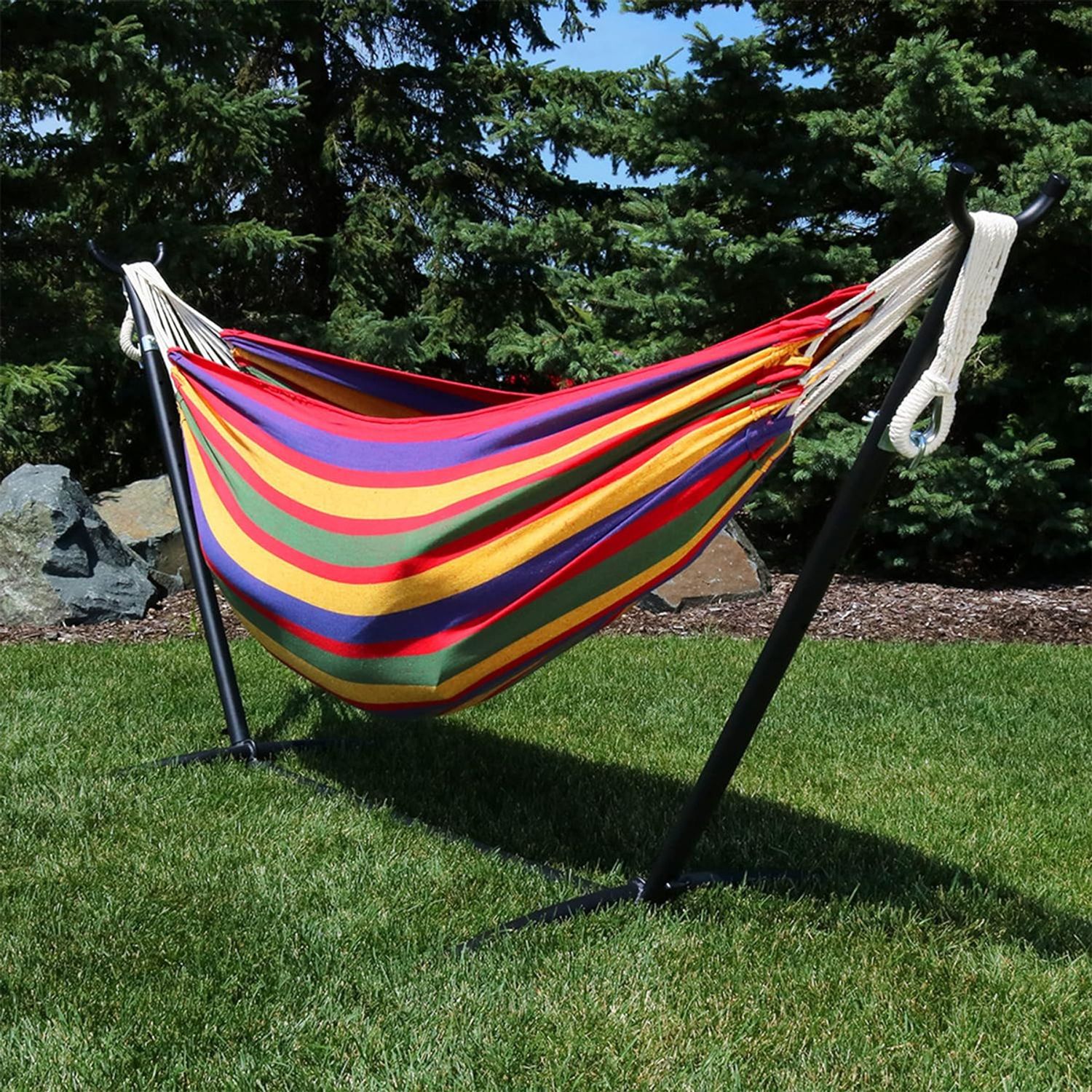 Unbranded Double Hammock With Steel Stand – Indoor/Outdoor, 450 Lb Capacity, Carry Bag Included