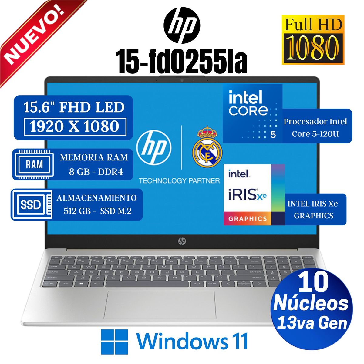 HP - Laptop HP 15-fd0255la 15.6" FHD, Intel Core 5-120U, Ram 8GB, Ssd 512GB, Win 11 Pro