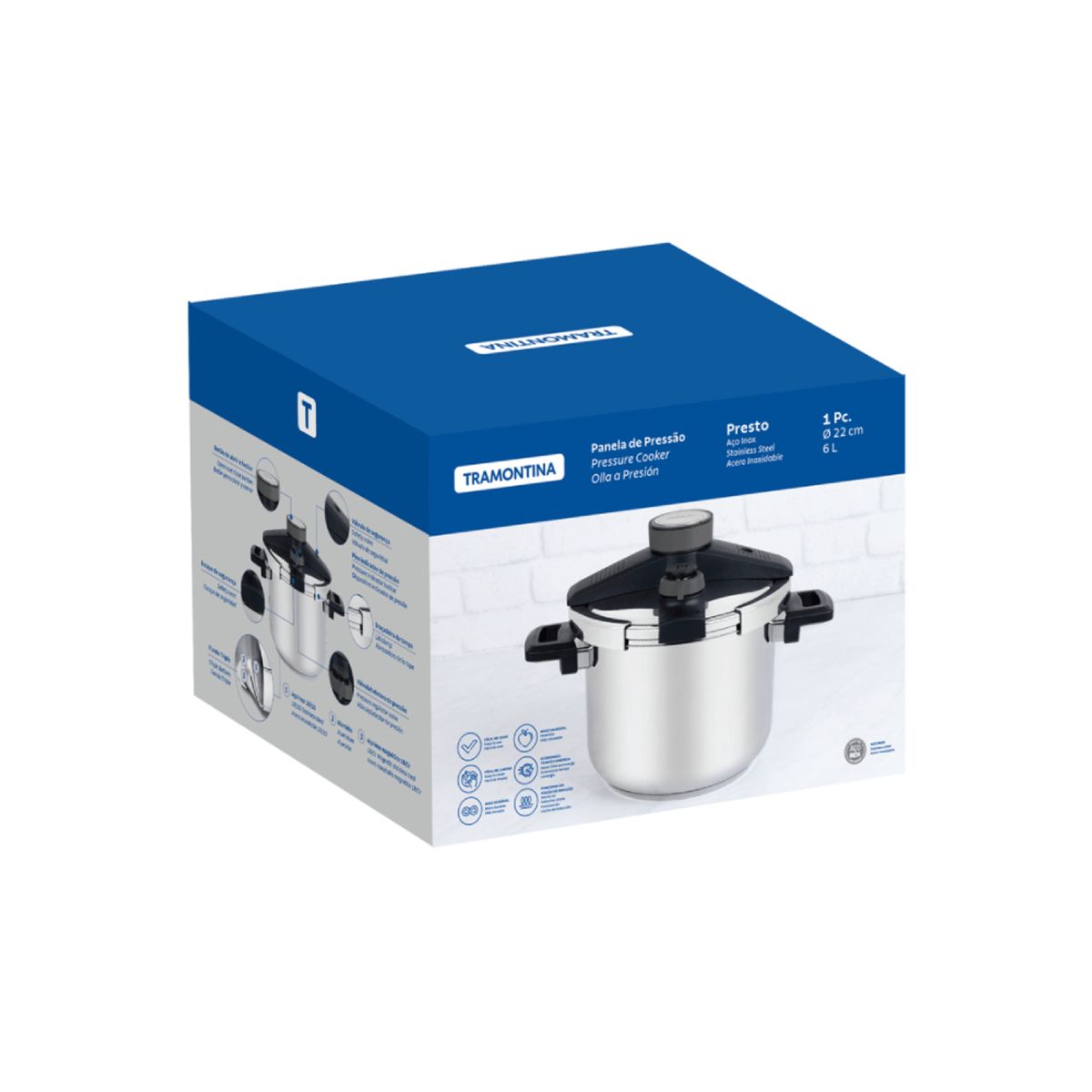 TRAMONTINA - Olla a presión Tramontina Presto fondo triple 22 cm 6L 62518220