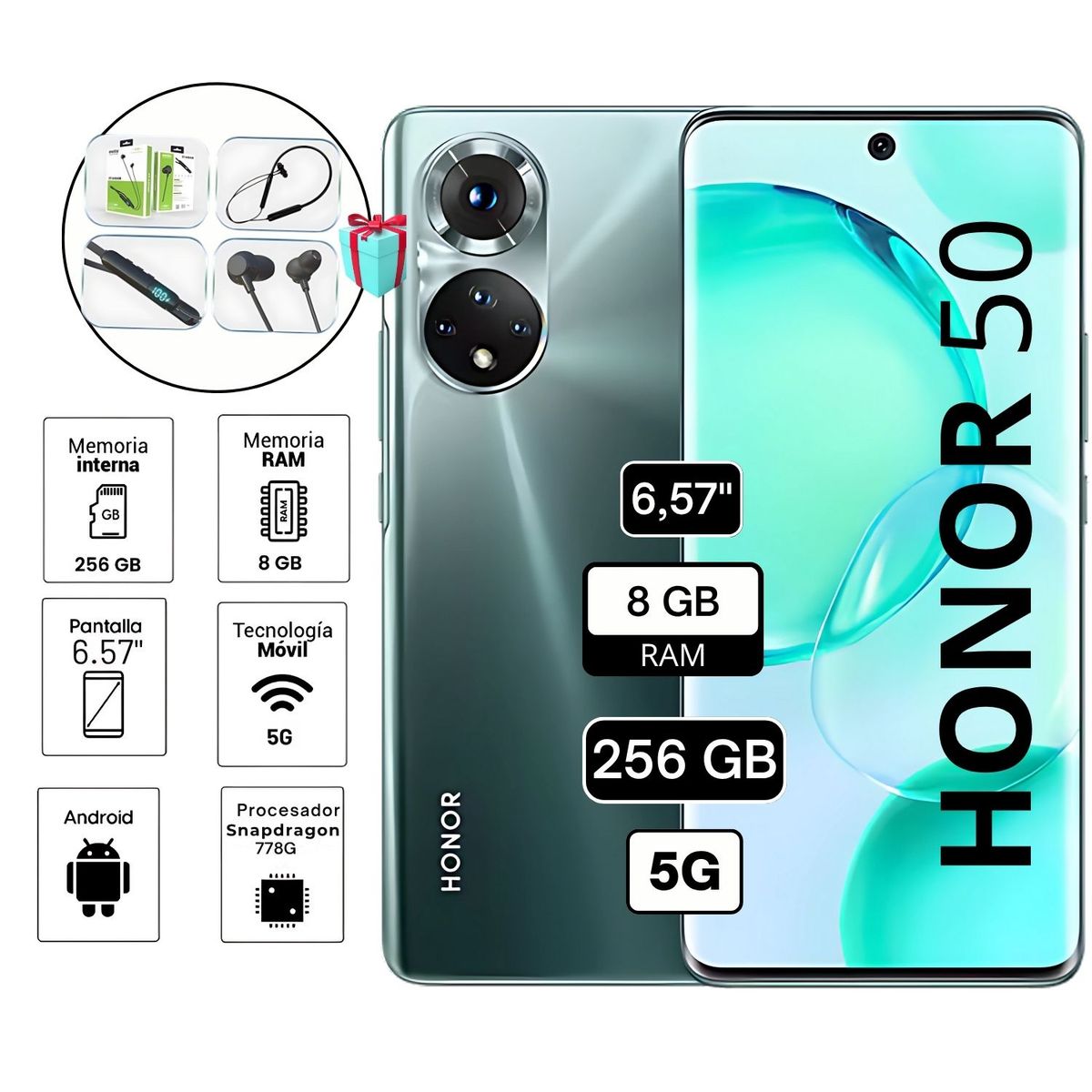 HONOR - Celular honor 50 8GB RAM 256 GB camara principal 108 MP 6.57" color verde