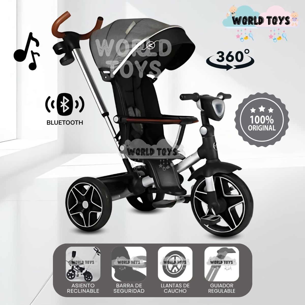 BABY - Triciclo Guiador Giratorio «HARDIN» con Bluetooth Gray