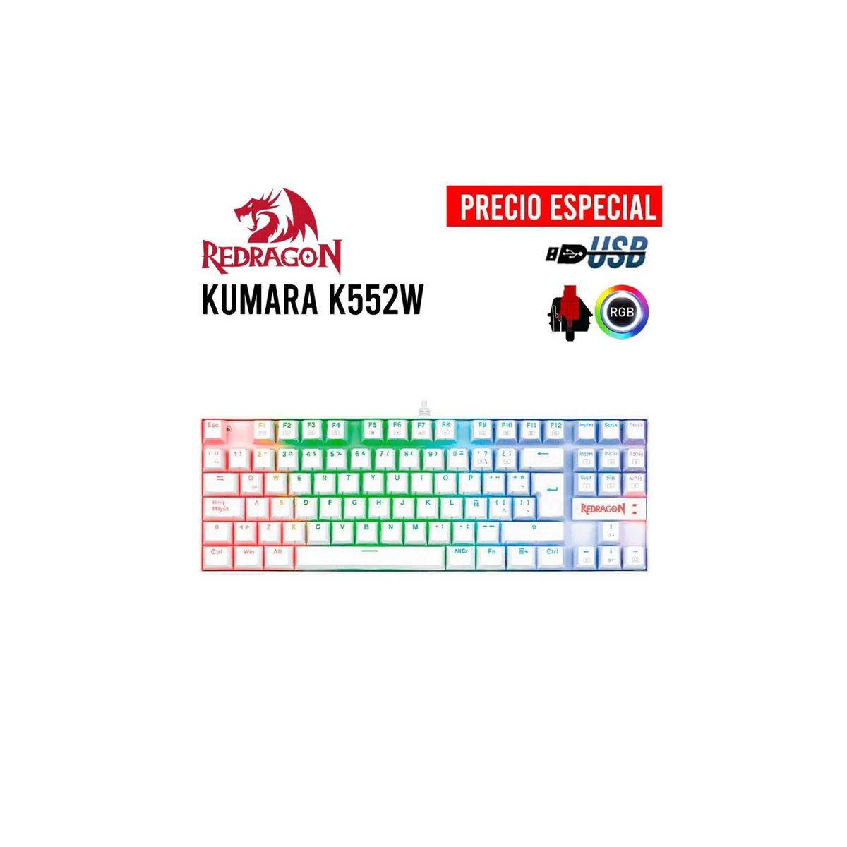 REDRAGON - Teclado Redragon KUMARA WHITE Red Switch Español K552W-RGB