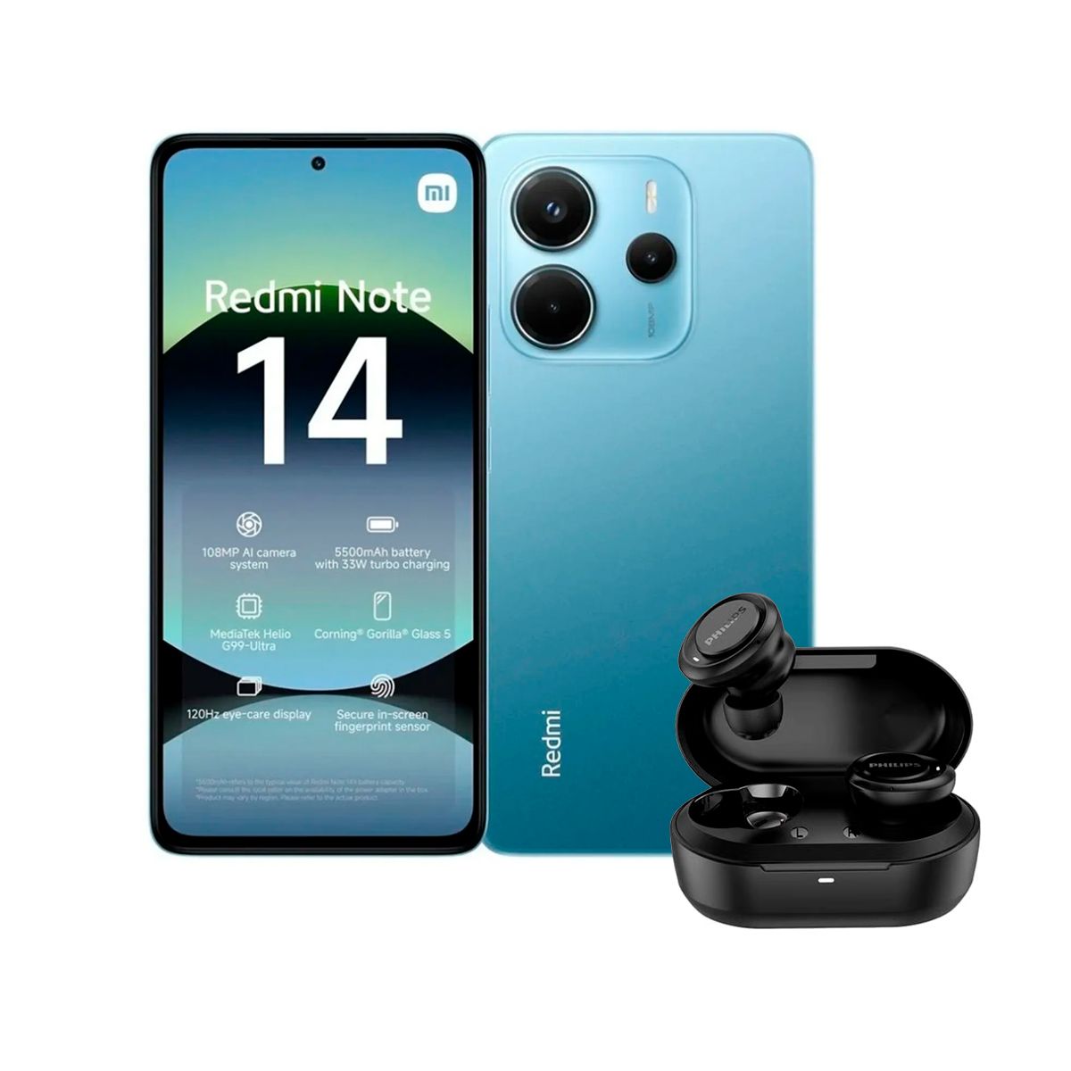 XIAOMI - CELULAR XIAOMI REDMI NOTE 14 4G 128GB 6GB AZUL + AUDÍFONOS PHILIPS TRUE WIRELESS TAT1215BK BLUETOOTH