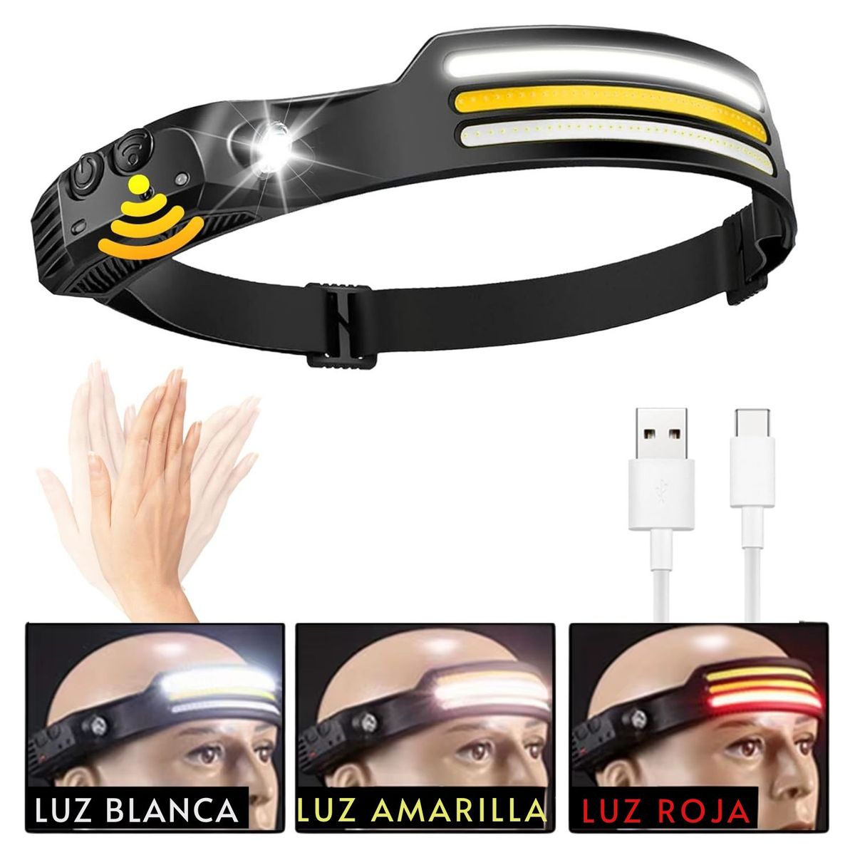 GENERICO - Linterna de Cabeza con Sensor, 10 Modos y Batería 1200mAh