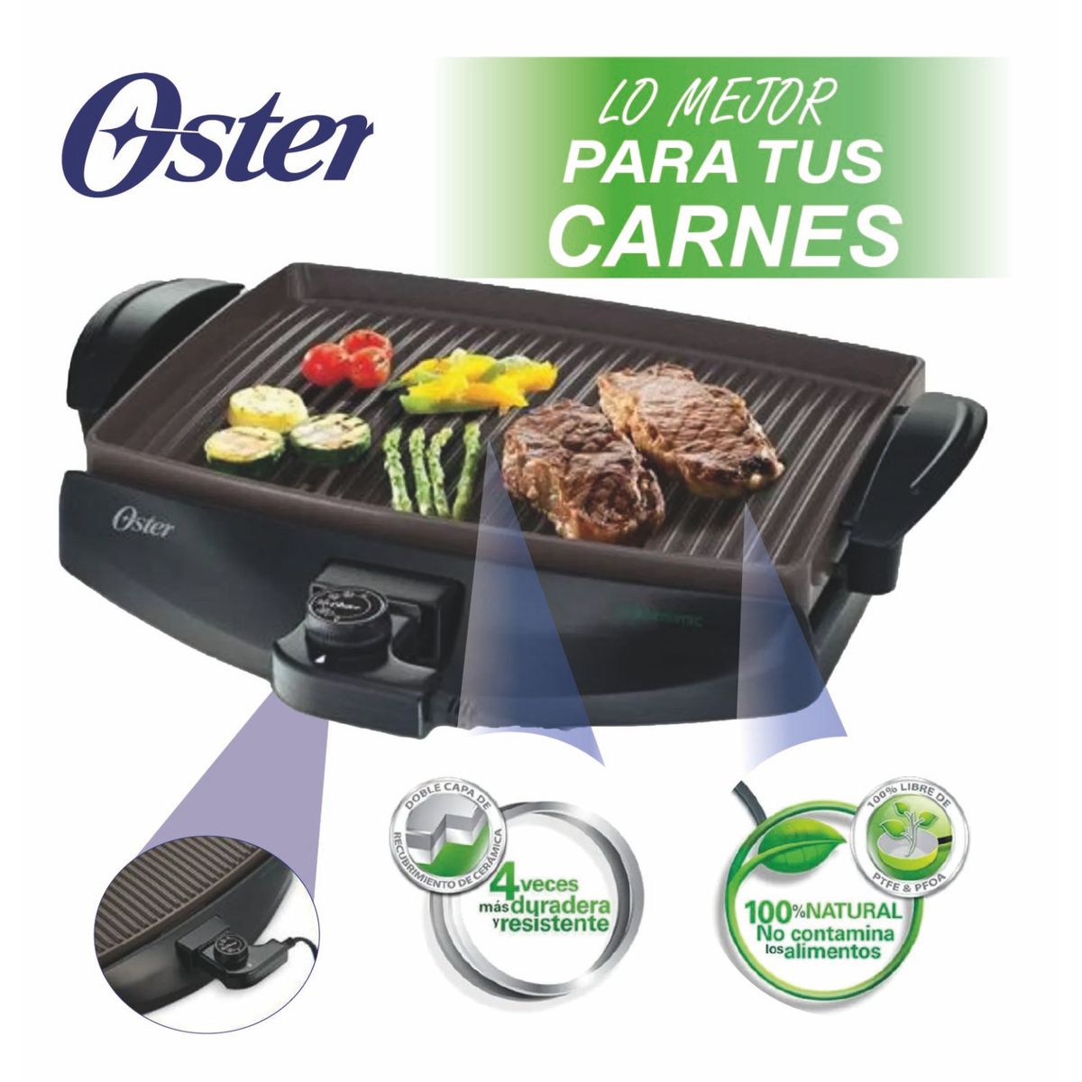 OSTER - Grill Parrilla eléctrica Oster con Bioceramic CKSTGR4768