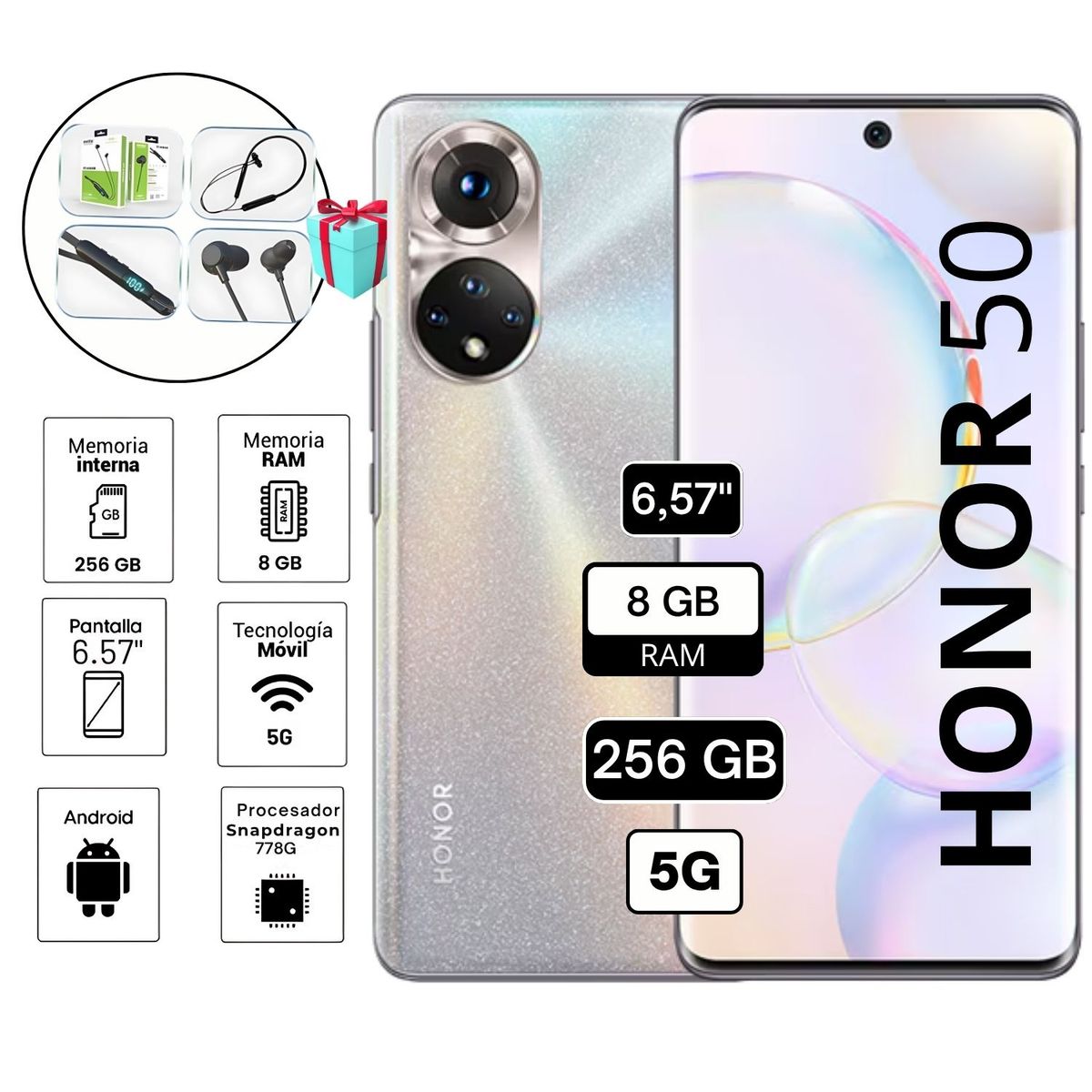 HONOR - Celular honor 50 8GB RAM 256 GB camara principal 108 MP 6.57" color cristal glaciar