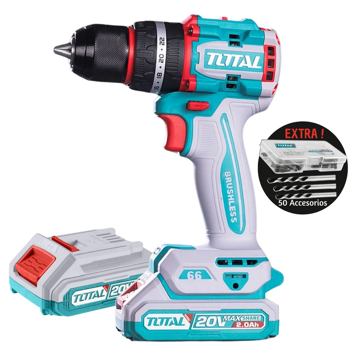 TOTAL TOOLS - TALADRO PERCUTOR BRUSHLESS 66Nm 20V INALÁMBRICO TIDLI20668 TOTAL