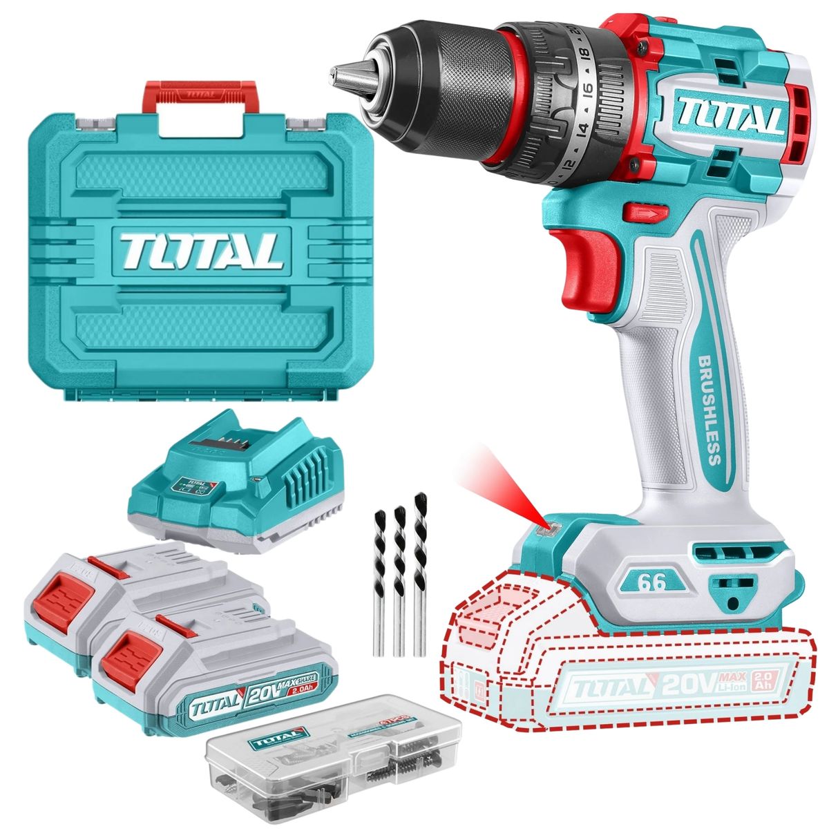 TOTAL TOOLS - TALADRO PERCUTOR BRUSHLESS 66Nm 20V INALÁMBRICO TIDLI20668 TOTAL