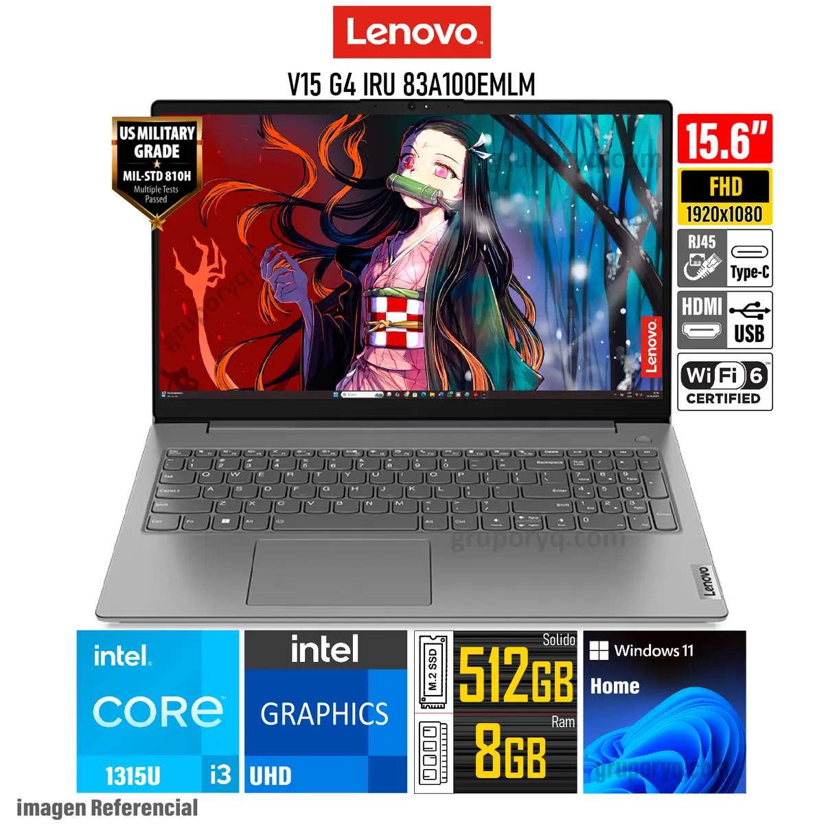 LENOVO - Laptop LENOVO V15 G4 IRU Intel Core i3-1315U RAM 8GB SSD 512GB Pantalla 156 FHD-83A100EMLM