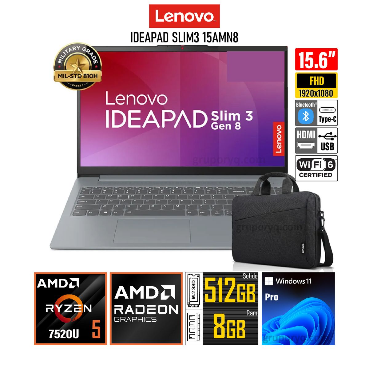 LENOVO - Laptop LENOVO Ideapad Slim 3 15AMN8 AMD Ryzen 5-7520U RAM 8GB SSD 512GB Pantalla 15.6" FHD
