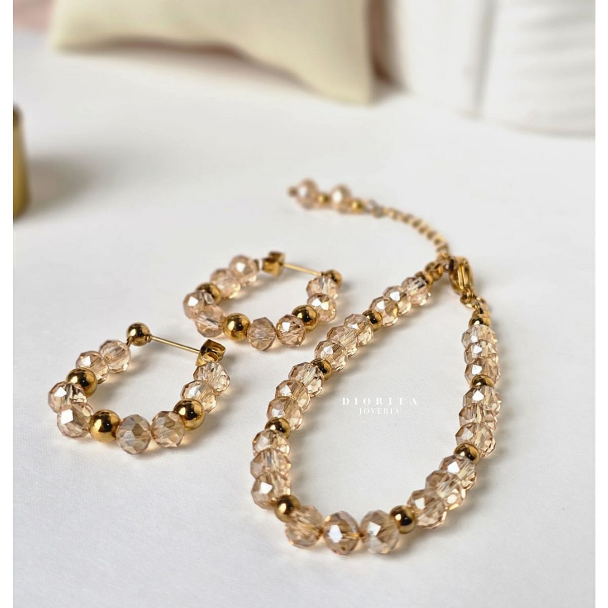 GENERICO - SET PULSERA DE CRISTAL Y ARETES COLOR MIEL