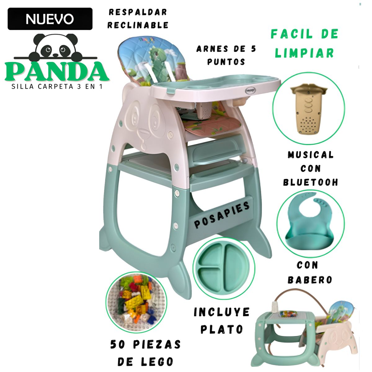 VOYAGE - Silla de Comer Carpeta Panda Musical 3 en 1 Verde