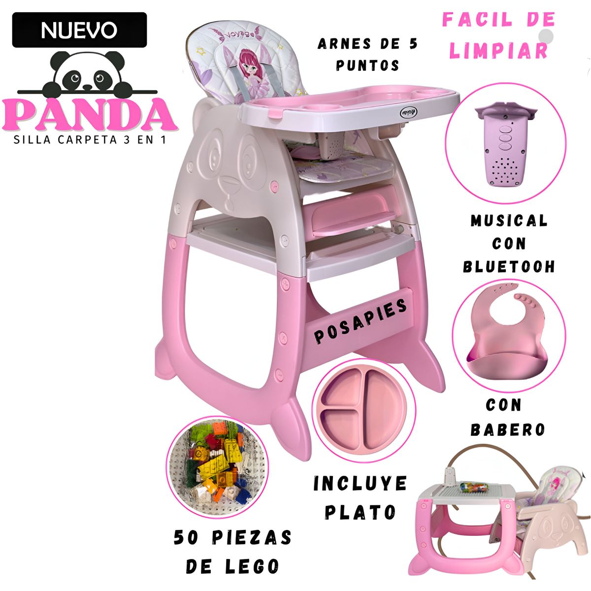 VOYAGE - Silla de Comer Carpeta Panda Musical 3 en 1 Rosado