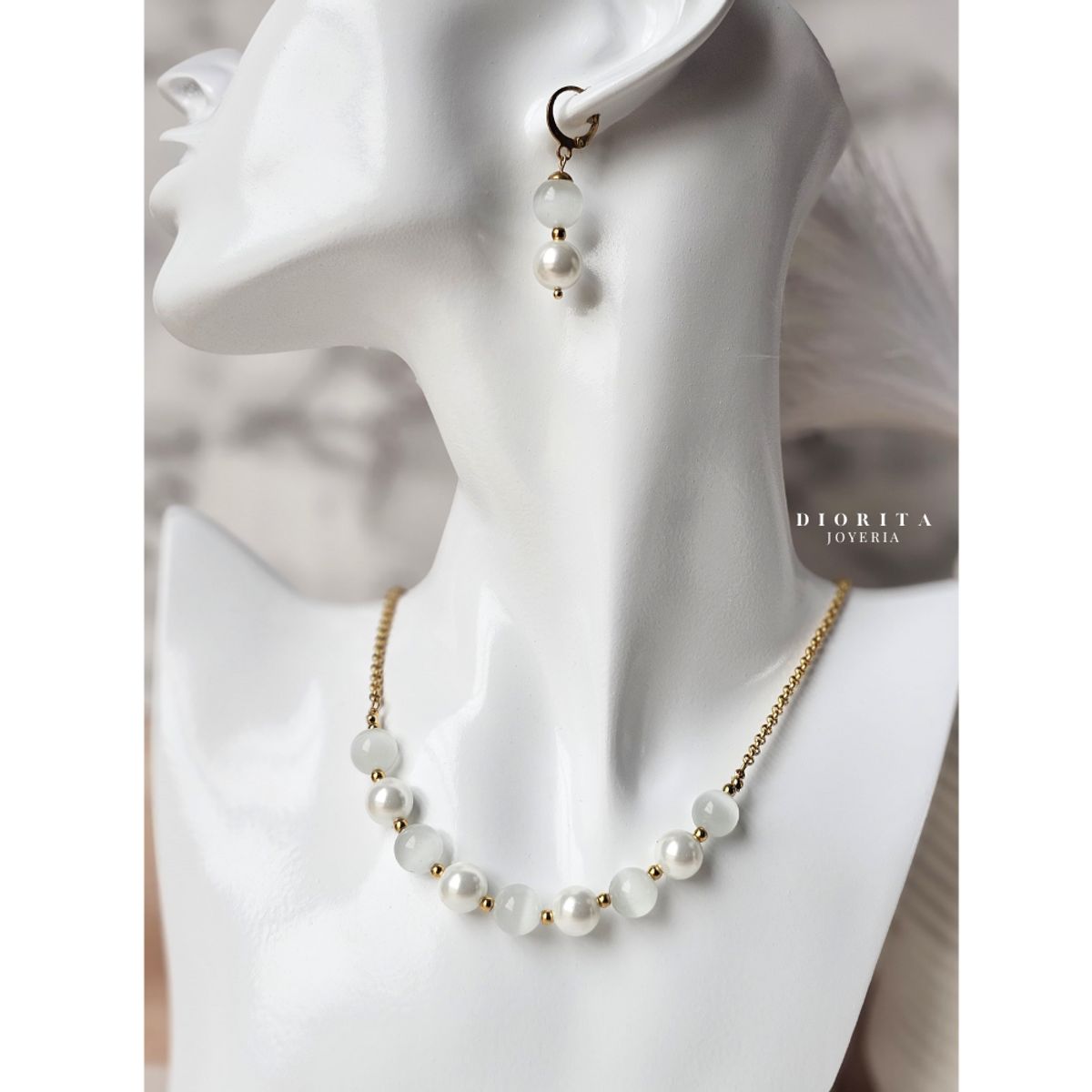 GENERICO - CONJUNTO MIRADA DE LUNA  COLLAR+PULSERA+ARETES DE PERLAS CON PIEDRAS