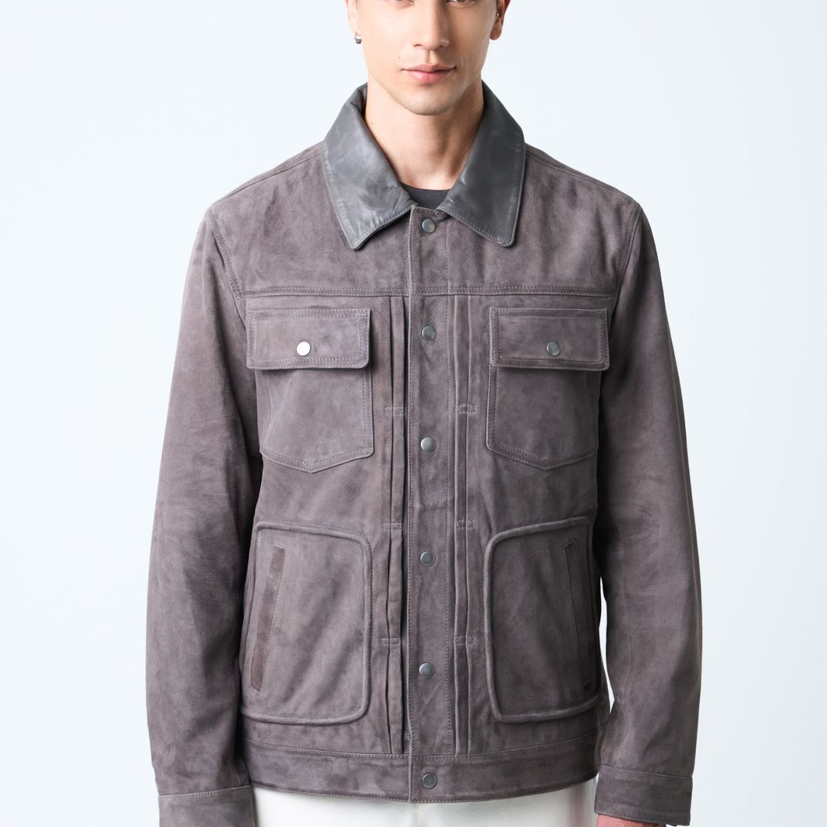 VELEZ - Vélez Chaqueta Aron Gamuza Hombre Detalle Cuero Gris Pistola