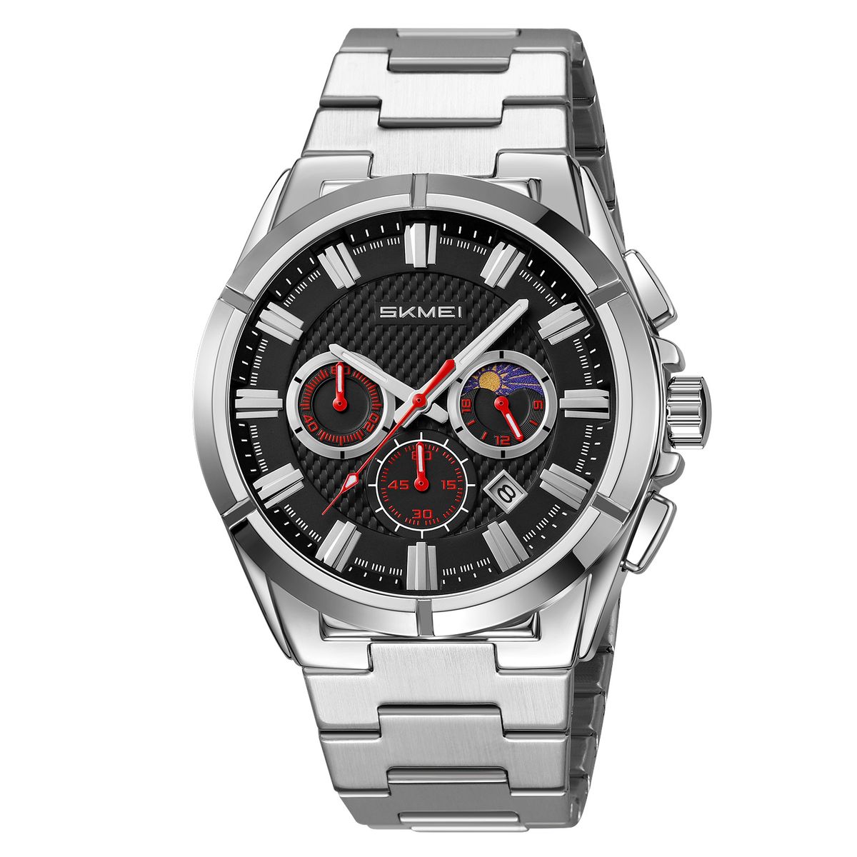 SKMEI - Reloj Skmei 9355 MOON PHASE Plateado dial Negro Cronómetro