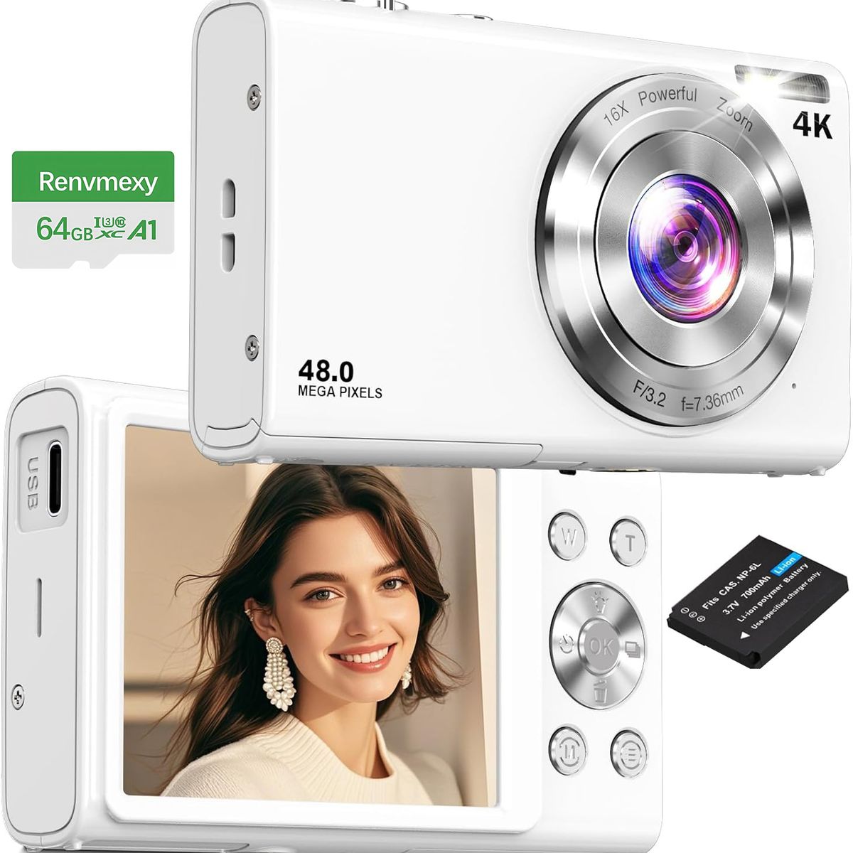 RENVMEXY - Cámara Digital Blanca 4K para Viajes 48MP Autofoco 64GB