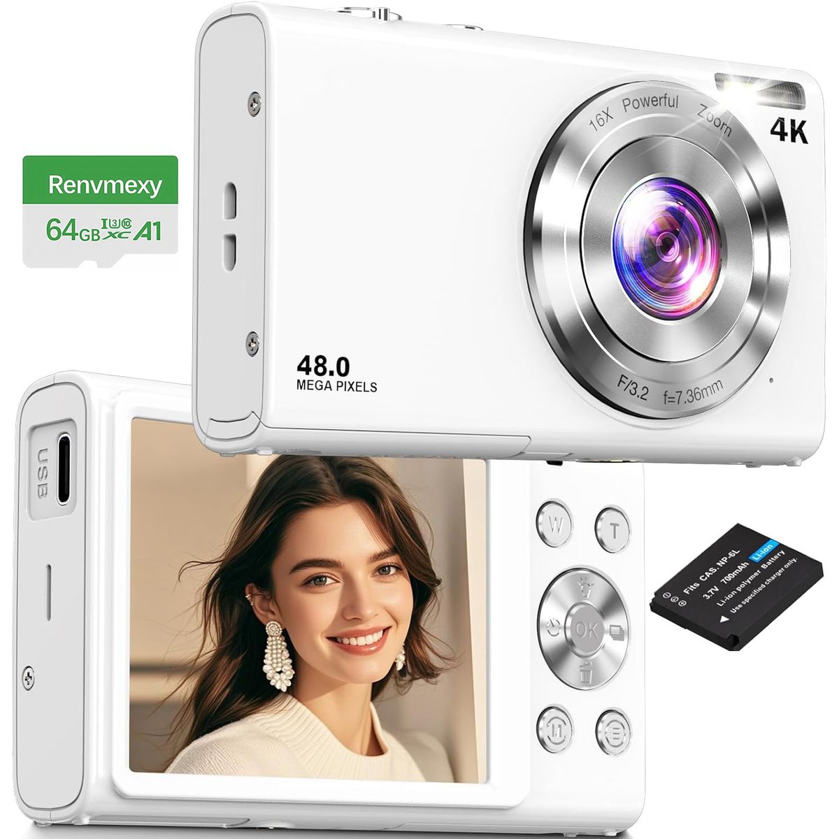 RENVMEXY - Cámara Digital Blanca 4K para Viajes 48MP Autofoco 64GB