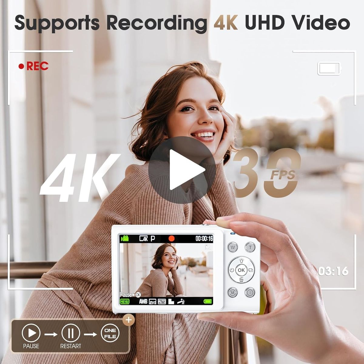 RENVMEXY - Cámara Digital Blanca 4K para Viajes 48MP Autofoco 64GB