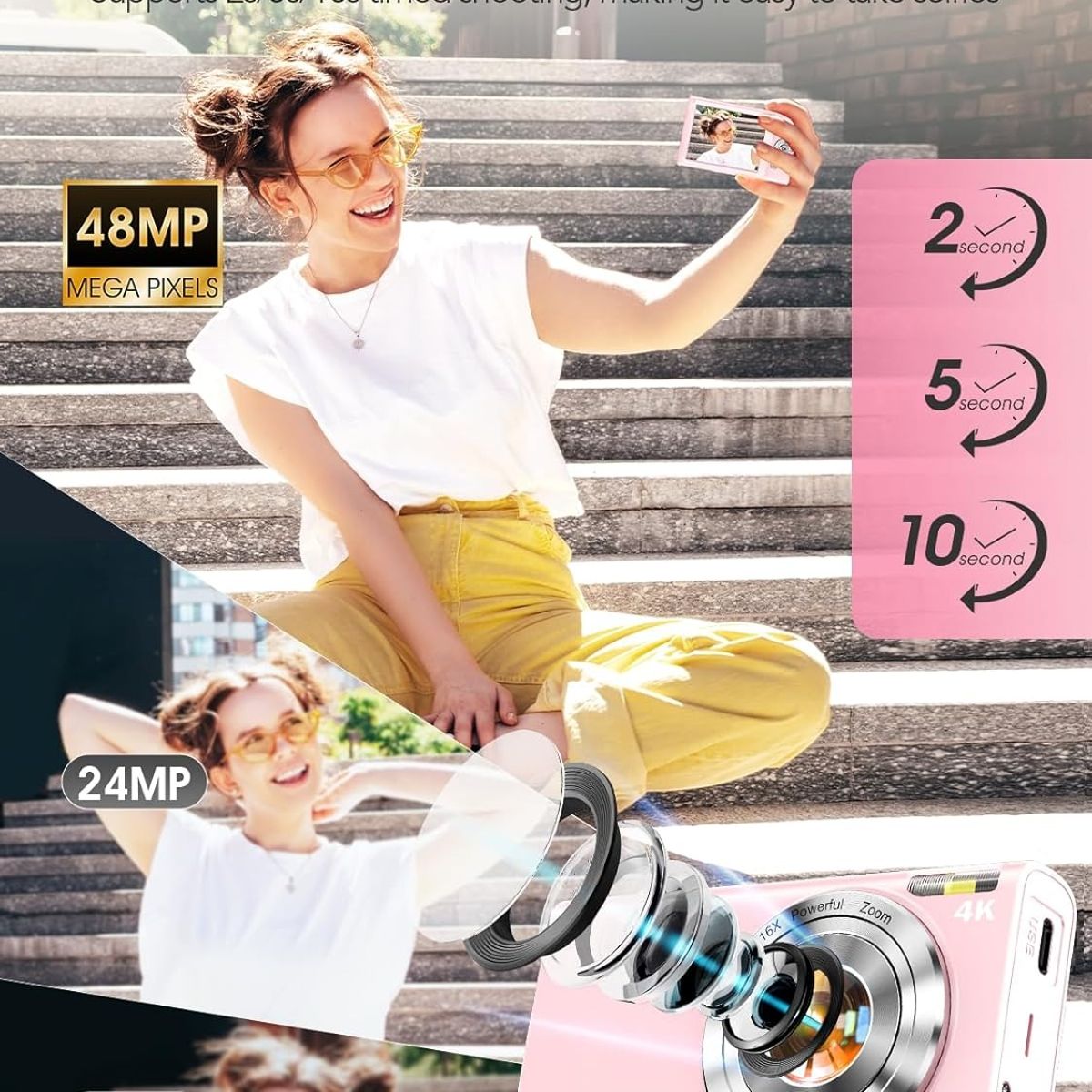 RENVMEXY - Cámara Rosa 48MP Selfies + 16 Filtros Fácil de Usar 64GB