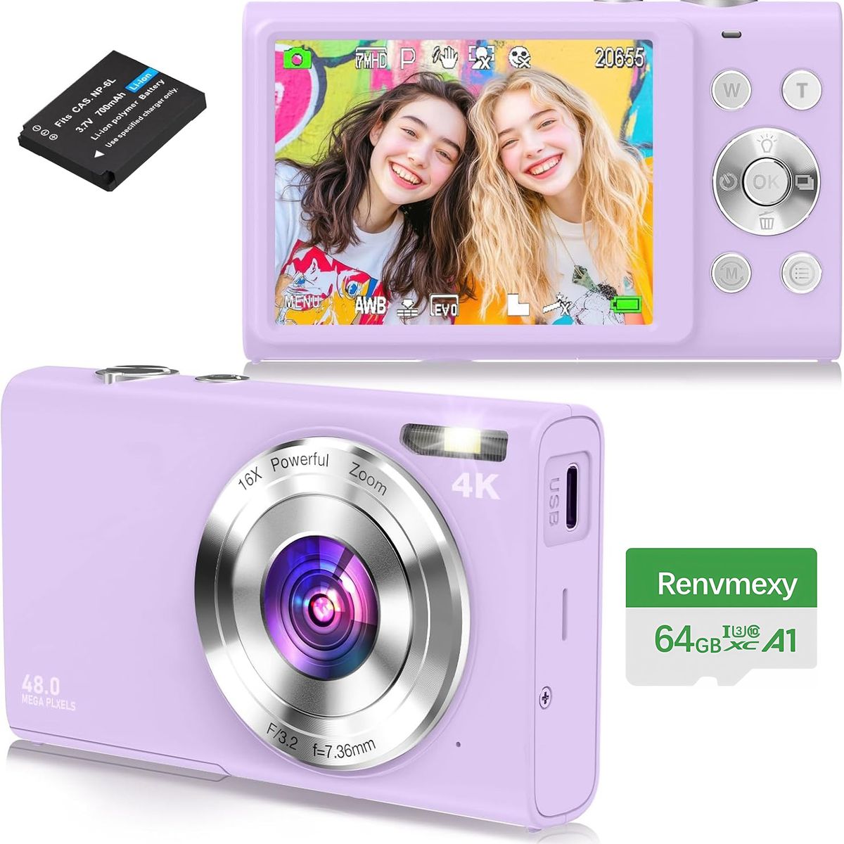 RENVMEXY - Cámara Digital Morada 4K Creativa Zoom Digital 64GB